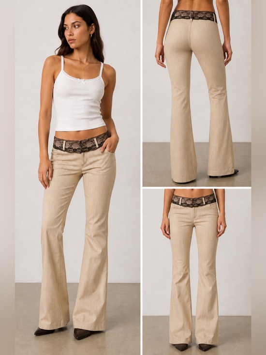 Elan Pants - Y2K Elan Low Rise Pinstripe Flare Pants Lace Waistband Beige Black 165/66A